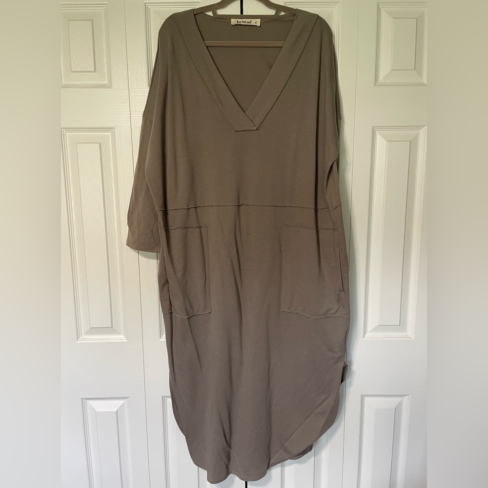 Three Bird Nest Taupe V-Neck Pocket Maxi Dress